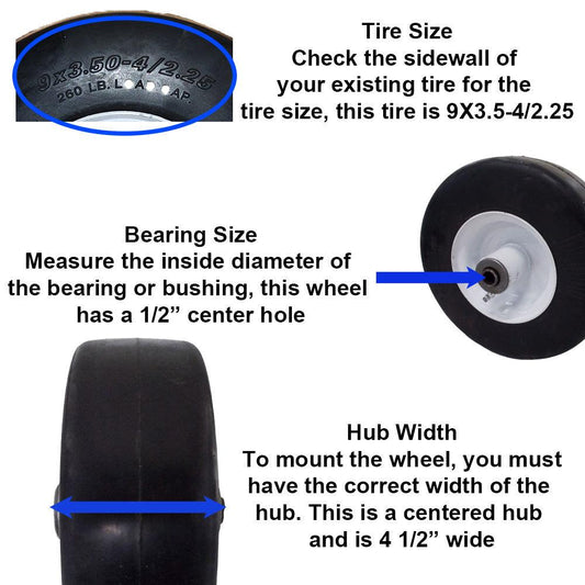 Proven Part 2 Pack 9X3.50X4 White No-Flat Lawn Mower Tire For 1-513648, 103-1224, 103-2171, 51364 Bearing Kit 1-513809, 1-513810, 1-513547