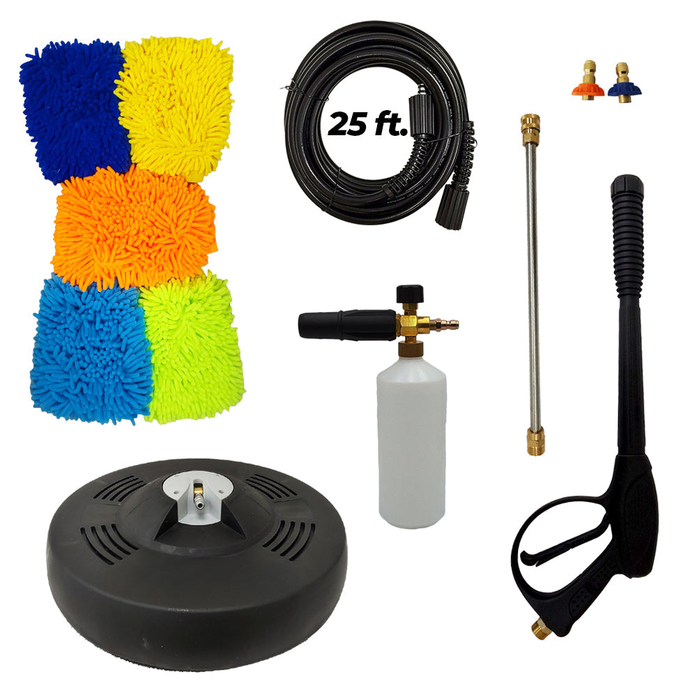 Proven Part 15" Surface Cleaner 3200 PSI, 25' Hose 1/4" M22xM22, Second Story Chemical Nozzle, Foam Lance and 4000PSI Gun,5 Microfiber Mitts and Wand Kit