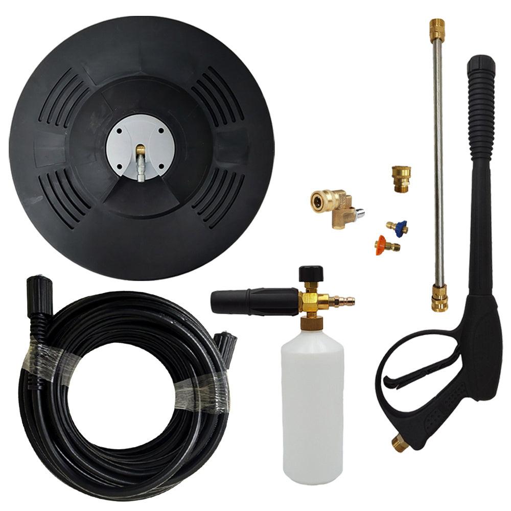 Proven Part 15" Floor Scrubber, 50' Hose, Pro-Gun Kit and Quick Connect, 1/4" Quick Connect Pivoting Coupler, Nozzle Kit, Foam Lance, Screw-Type DisConnect Fitting 3/8" Female-M22 Brass