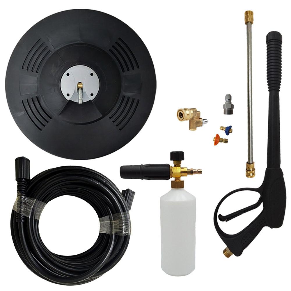Proven Part 15" Floor Scrubber, 50' Hose, Pro-Gun Kit & Quick Connect, 1/4" Quick Connect Pivoting Coupler, Nozzle Kit, Foam Lance, Quick Connect Coupler Plug 3/8" Steel Plug X M22 Male Threads