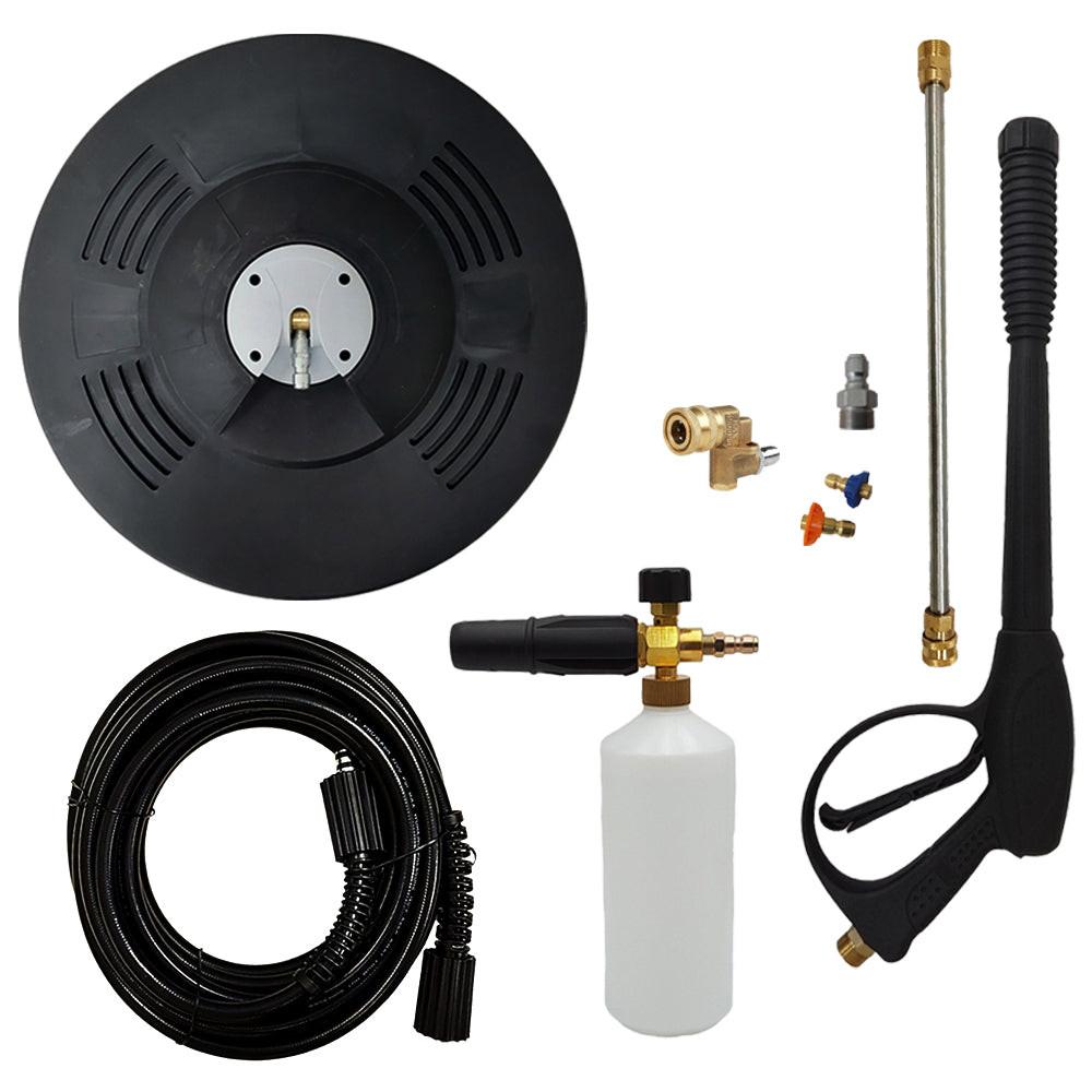 Proven Part 15" Floor Scrubber, 25' Hose, Pro-Gun Kit & Quick Connect, 1/4" Quick Connect Pivoting Coupler, Nozzle Kit, Foam Lance, Quick Connect Coupler Plug 3/8" Steel Plug X M22 Male Threads