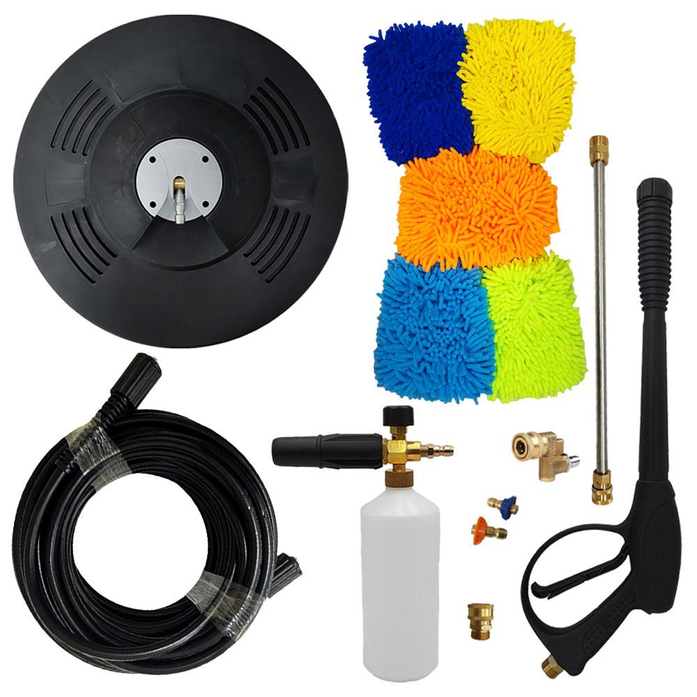 Proven Part 15" Floor Scrubber, 50' Hose, Pro-Gun Kit & Quick Connect, 1/4" Quick Connect Pivoting Coupler, 2nd Story Nozzle Kit, Foam Lance, (5) Microfiber Car Glove Mitts