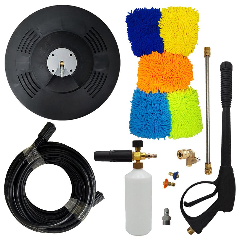 Proven Part 15" Floor Scrubber, 50' Hose, Pro-Gun Kit & Quick Connect, 1/4" Quick Connect Pivoting Coupler, Nozzle Kit, Foam Lance, (5) Microfiber Mitts