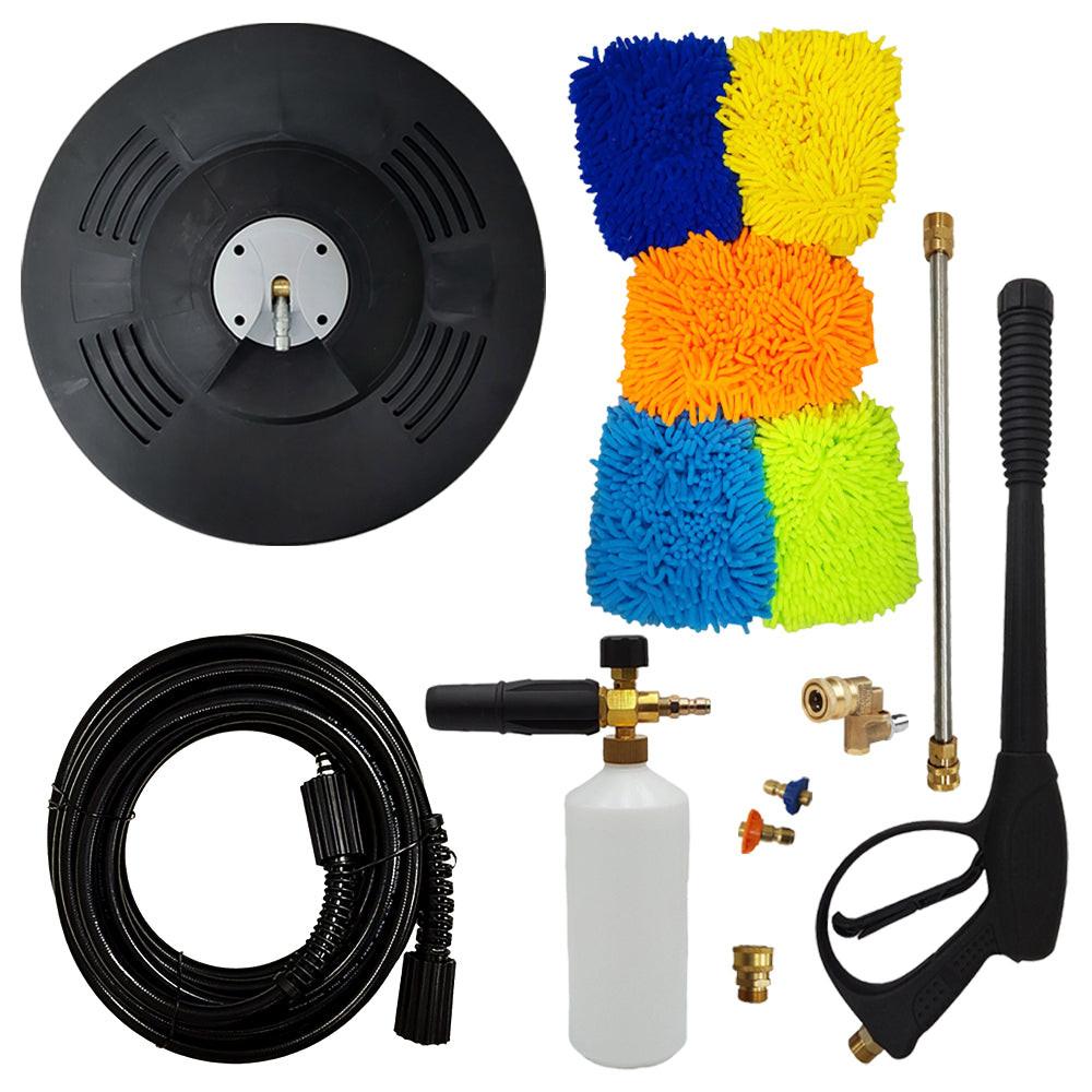 Proven Part 15" Floor Scrubber, 50' Hose, Pro-Gun Kit & Quick Connect, 1/4" Quick Connect Pivoting Coupler, Nozzle Kit, Foam Lance, (5) Microfiber Mitts