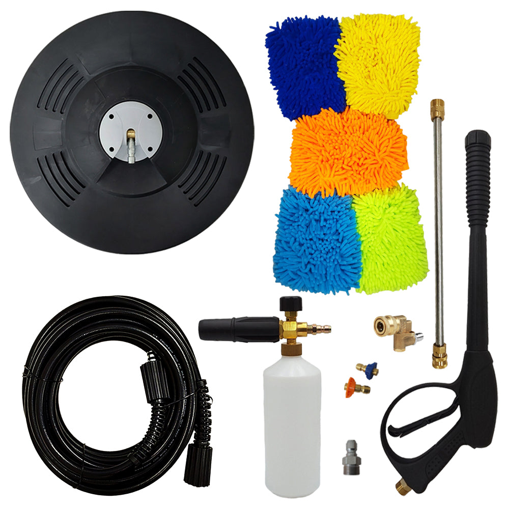 Proven Part 15" Floor Scrubber, 50' Hose, Pro-Gun Kit & Quick Connect, 1/4" Quick Connect Pivoting Coupler, Nozzle Kit, Foam Lance, (5) Microfiber Mitts