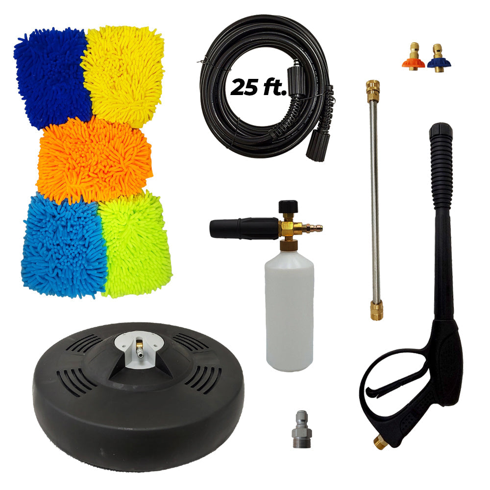 Proven Part 15" Surface Cleaner 3200 PSI, 25' Hose 1/4" M22xM22, Second Story Chemical Nozzle, Foam Lance, Coupler 3/8" Male Plug M22 Male and 4000PSI Gun, Microfiber Mitts and Wand Kit