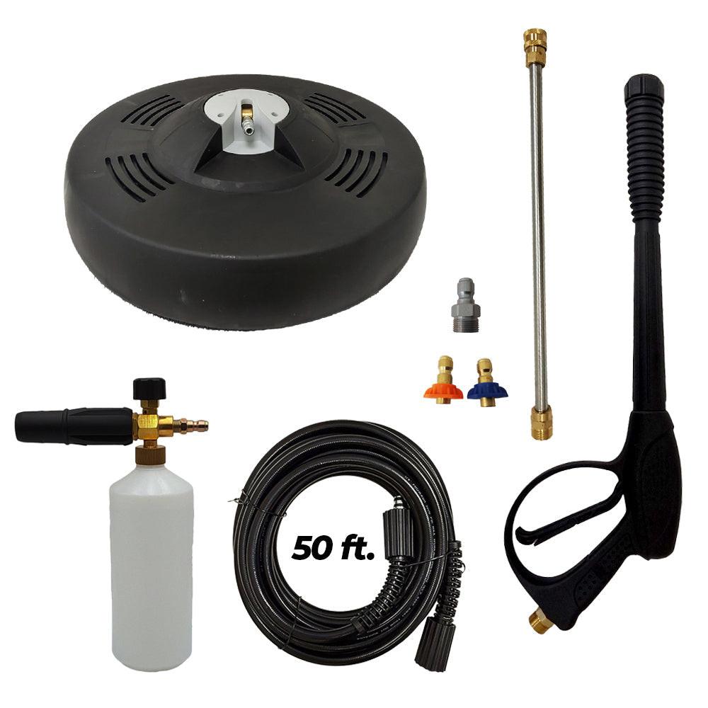 Proven Part 15" Surface Cleaner 3200 PSI, 50' Hose 1/4" M22xM22, Second Story Chemical Nozzle, Foam Lance, Coupler 3/8" Male Plug M22 Male and 4000PSI Gun and Wand Kit