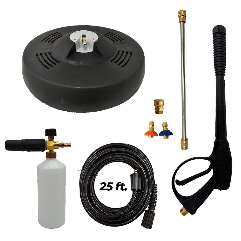 Proven Part 15" Surface Cleaner 3200 PSI, 25' Hose 1/4" M22xM22, Second Story Chemical Nozzle, Foam Lance, Screw-Type 3/8" Female M22 Female and 4000PSI Gun and Wand Kit