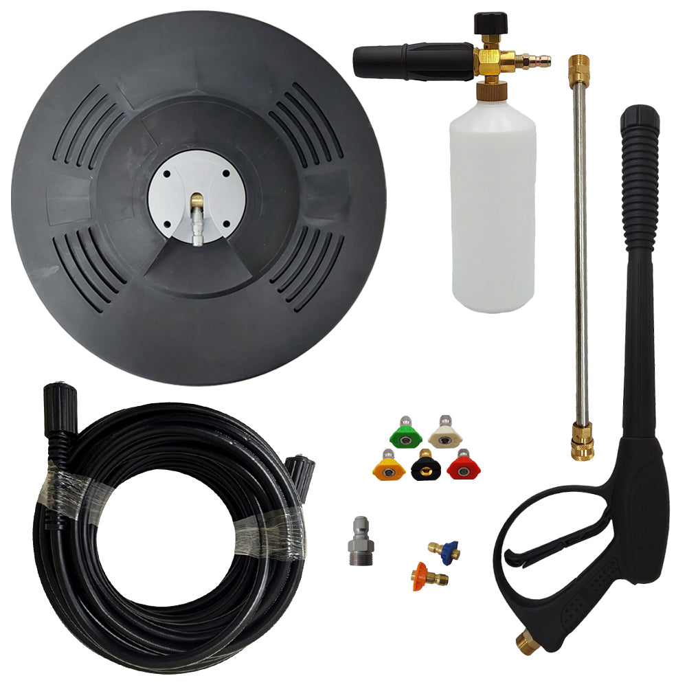 Proven Part 15" Surface Cleaner 3200 PSI, Hose M22 X M22 1/4" X 50', Pro-Gun, Gun-Wand An, Quick Connect, 5-Pack Tip Set 025, 2-Pack 2nd Story Nozzle, Foam Lance