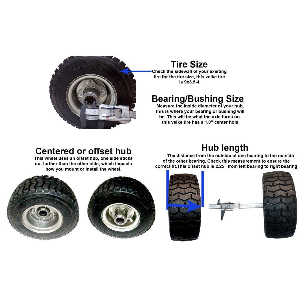 Pieza probada (1) Neumático 9X3.5-4 Sólido no plano Compatible con sistema Velke de 2 ruedas Se adapta a 72410088 Vkxwheel 10816 Incluye rodamientos Se adapta a 77410031 77410030 Vkxrlbrg Vkxbrgrtnr